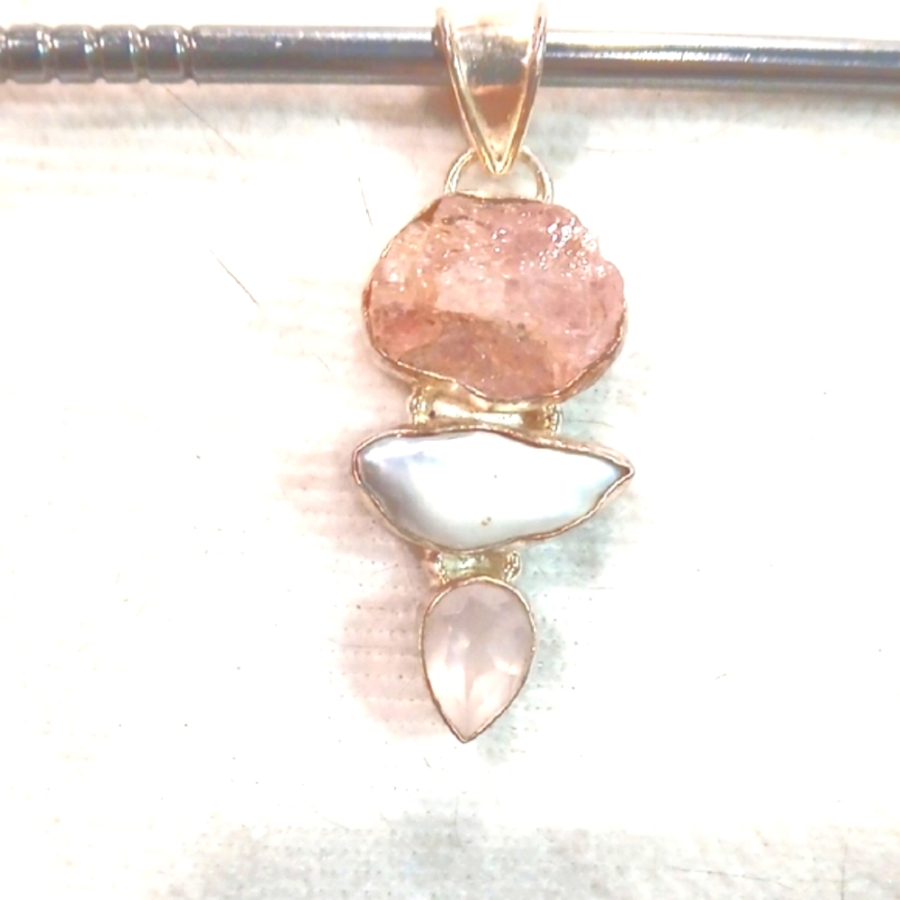 🌸 Pink Kunzite, Rose Quartz Pearl Stacked Pendant Sterling Silver 2" Fairycore